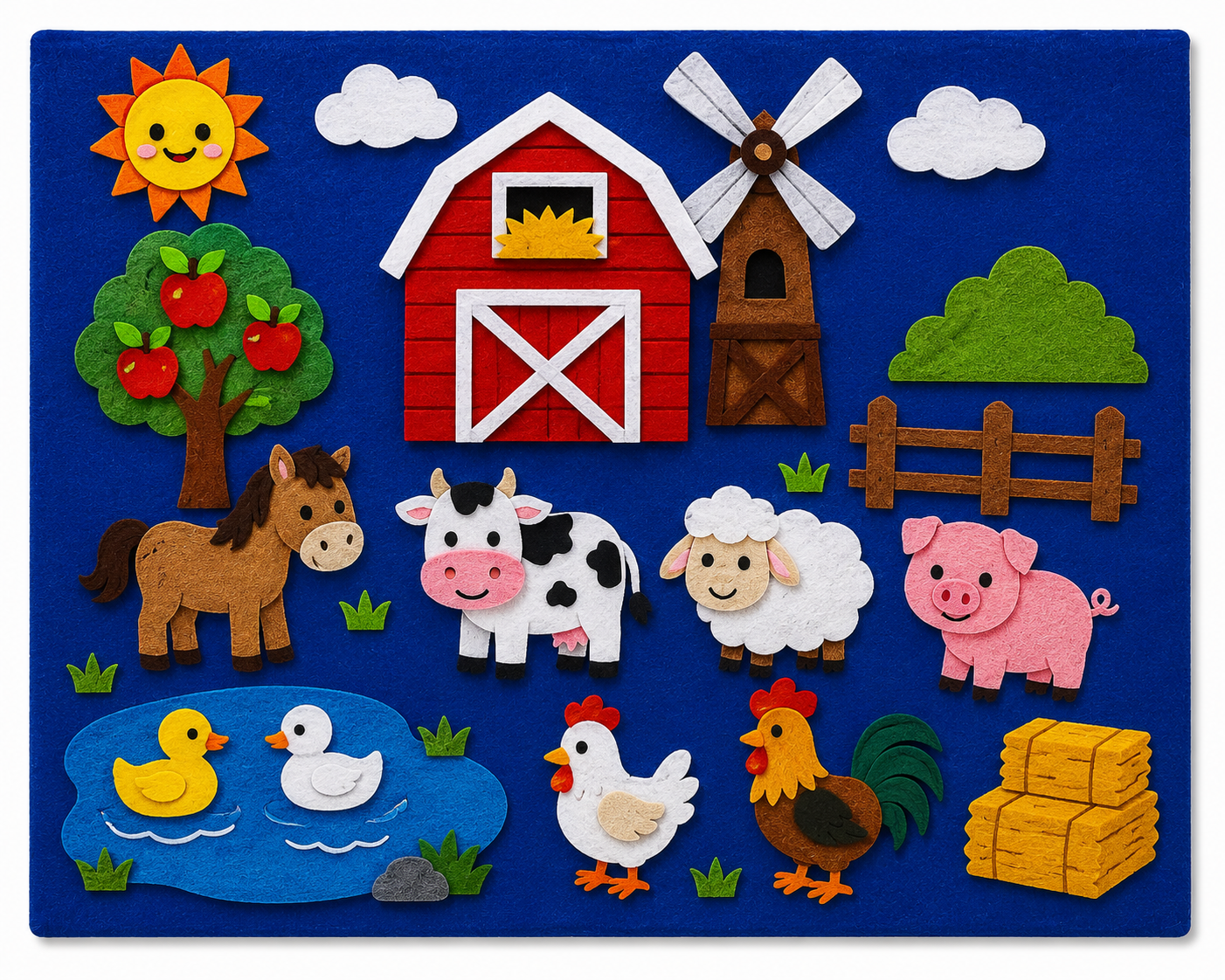Felt farm scene with animals, barn, windmill, and sun on a blue background