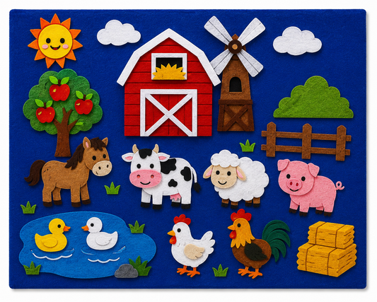Felt farm scene with animals, barn, windmill, and sun on a blue background