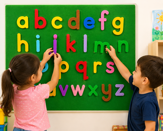 Two children interacting with a colorful alphabet board in a classroom settin