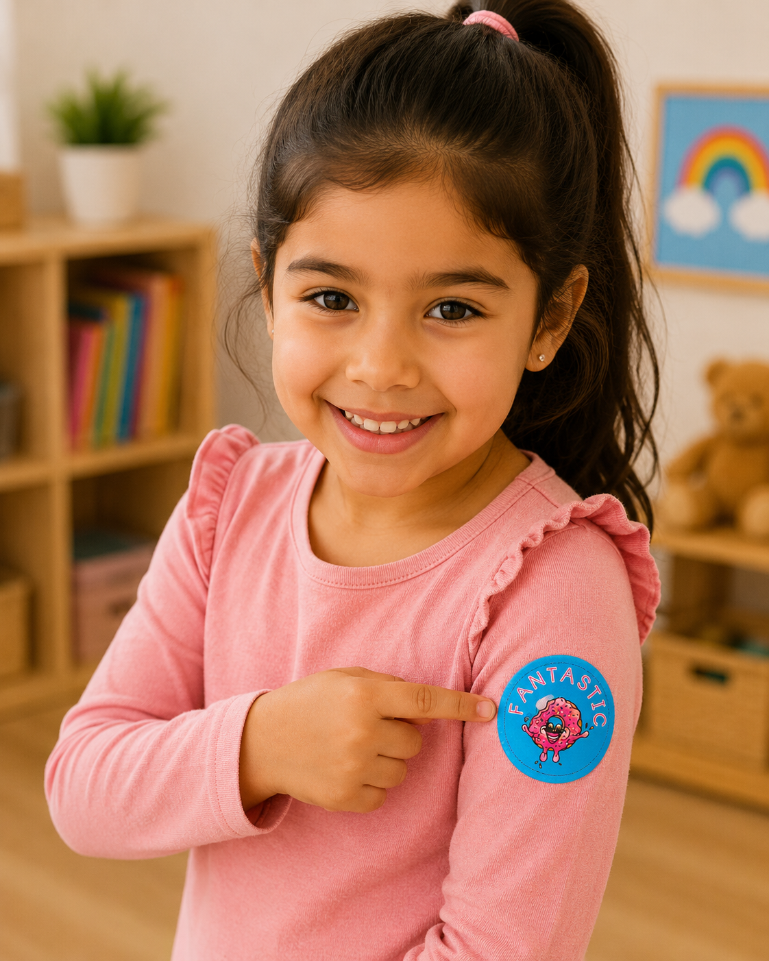 Young girl in a pink shirt pointing to a 'FANTASTICO' patch on her arm in a room with books and toys.