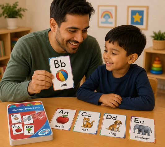 Man and child playing with alphabet flashcards in a home setting