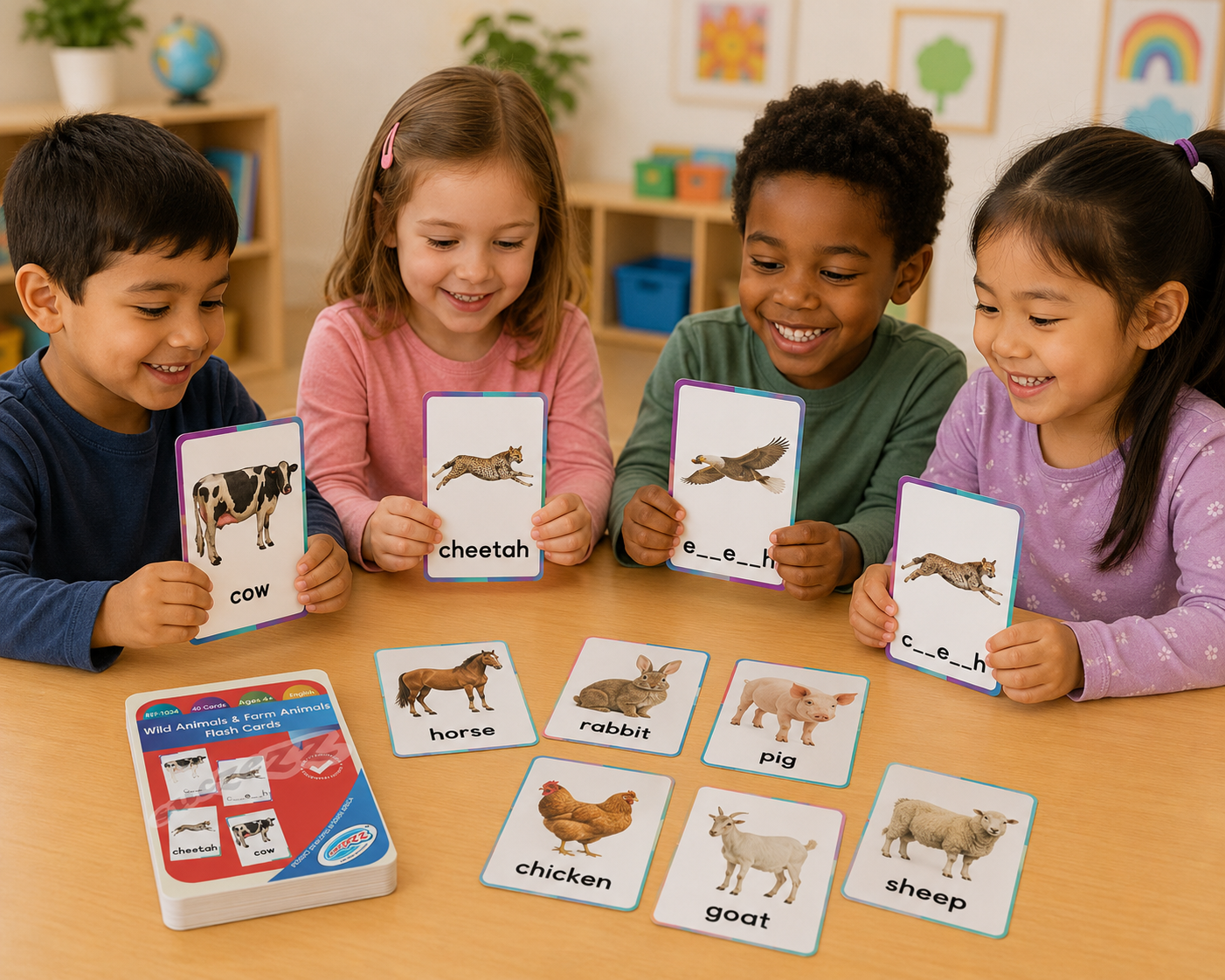 Children playing with educational card game on a table