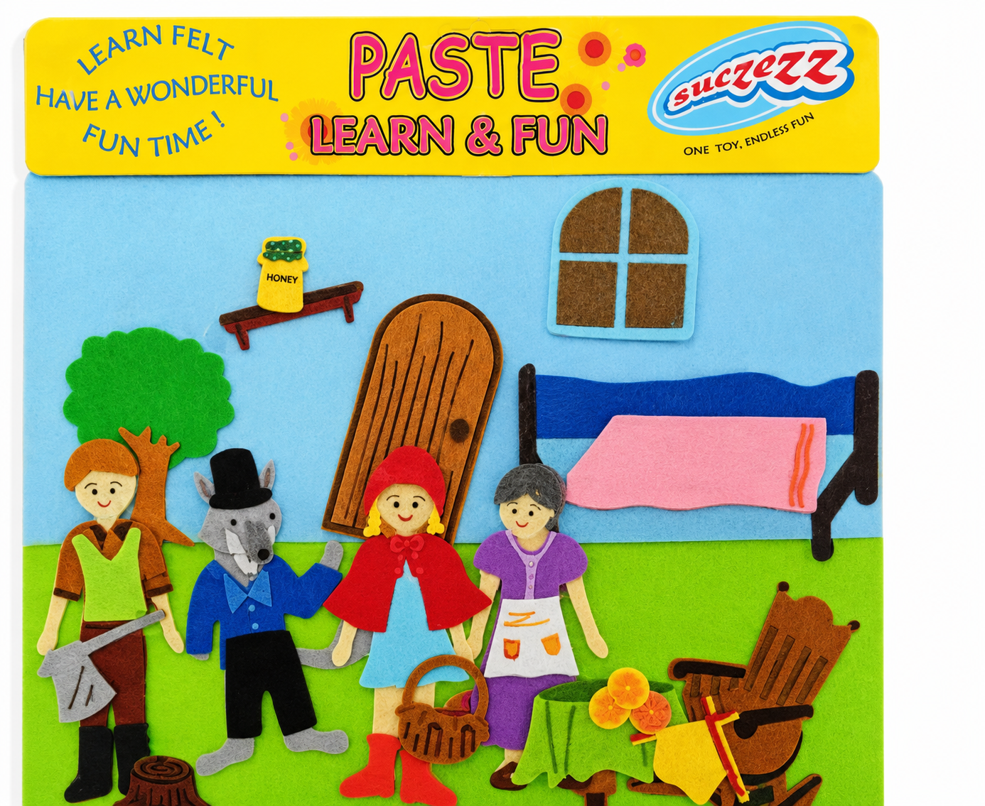 Felt play set with characters and furniture on a colorful backgroun