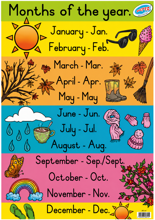 Colorful chart showing months of the year with corresponding season-themed illustrations.
