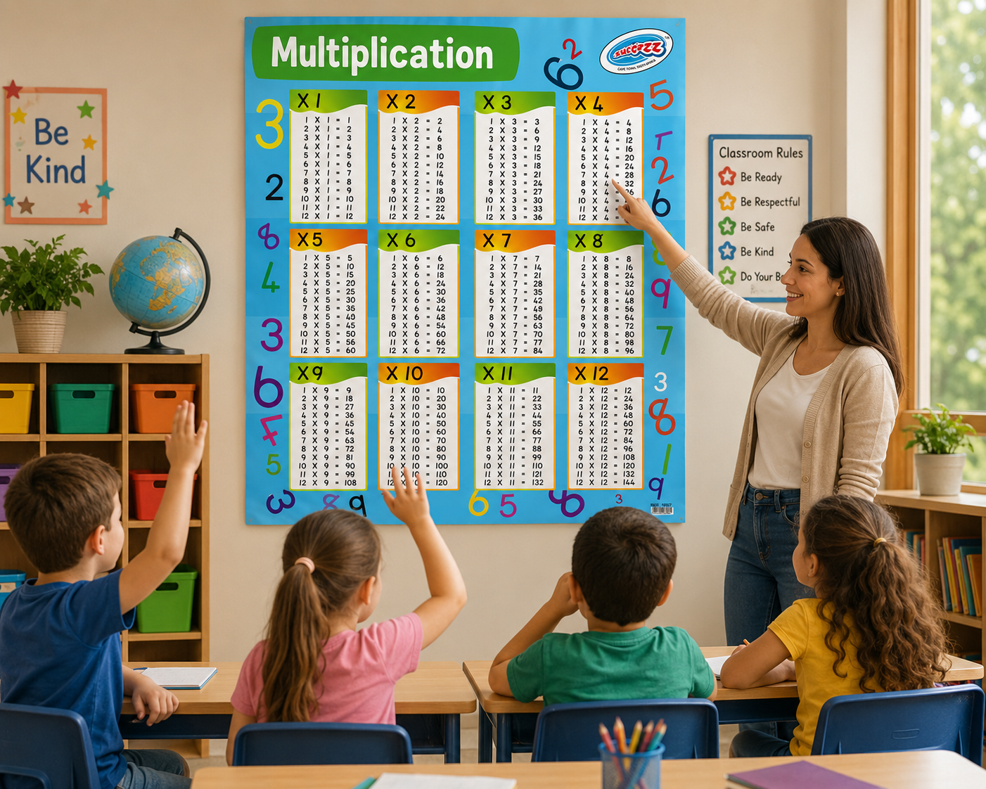 Classroom scene with students and teacher in front of a multiplication chart on the wal