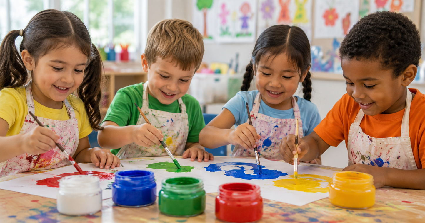 Four children painting at a table with colorful paint and brushes in a classroom setting.