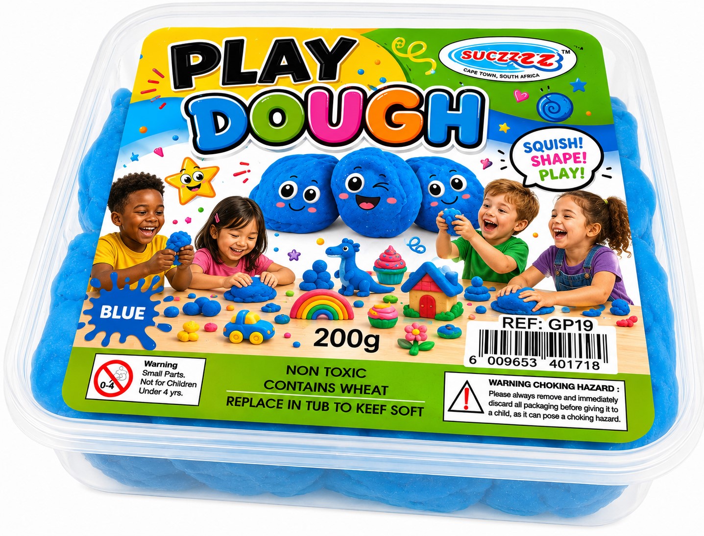 Blue play dough container with children playing and colorful packaging on a white background