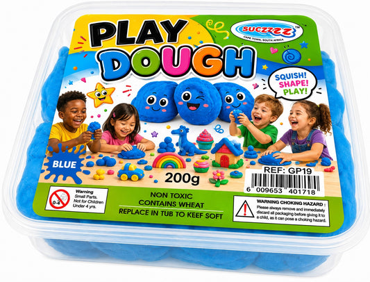 Blue play dough container with children playing and colorful packaging on a white background
