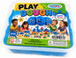 Blue play dough container with children playing and colorful packaging on a white background