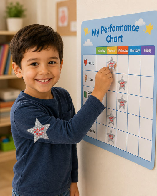 Child interacting with a performance chart on a wall