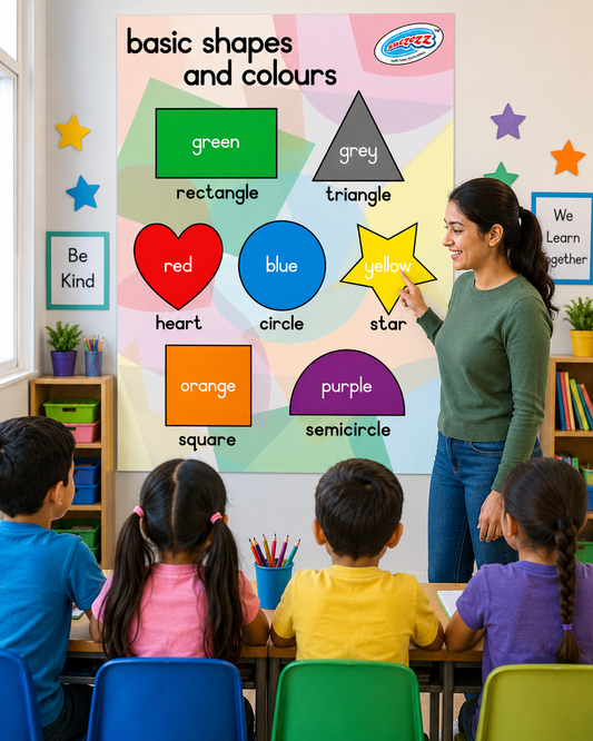 Teacher teaching basic shapes and colors to children in a classroom setting.