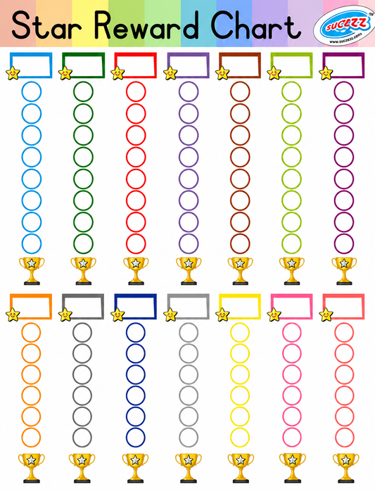 Star reward chart with colorful circles and trophies on a white background
