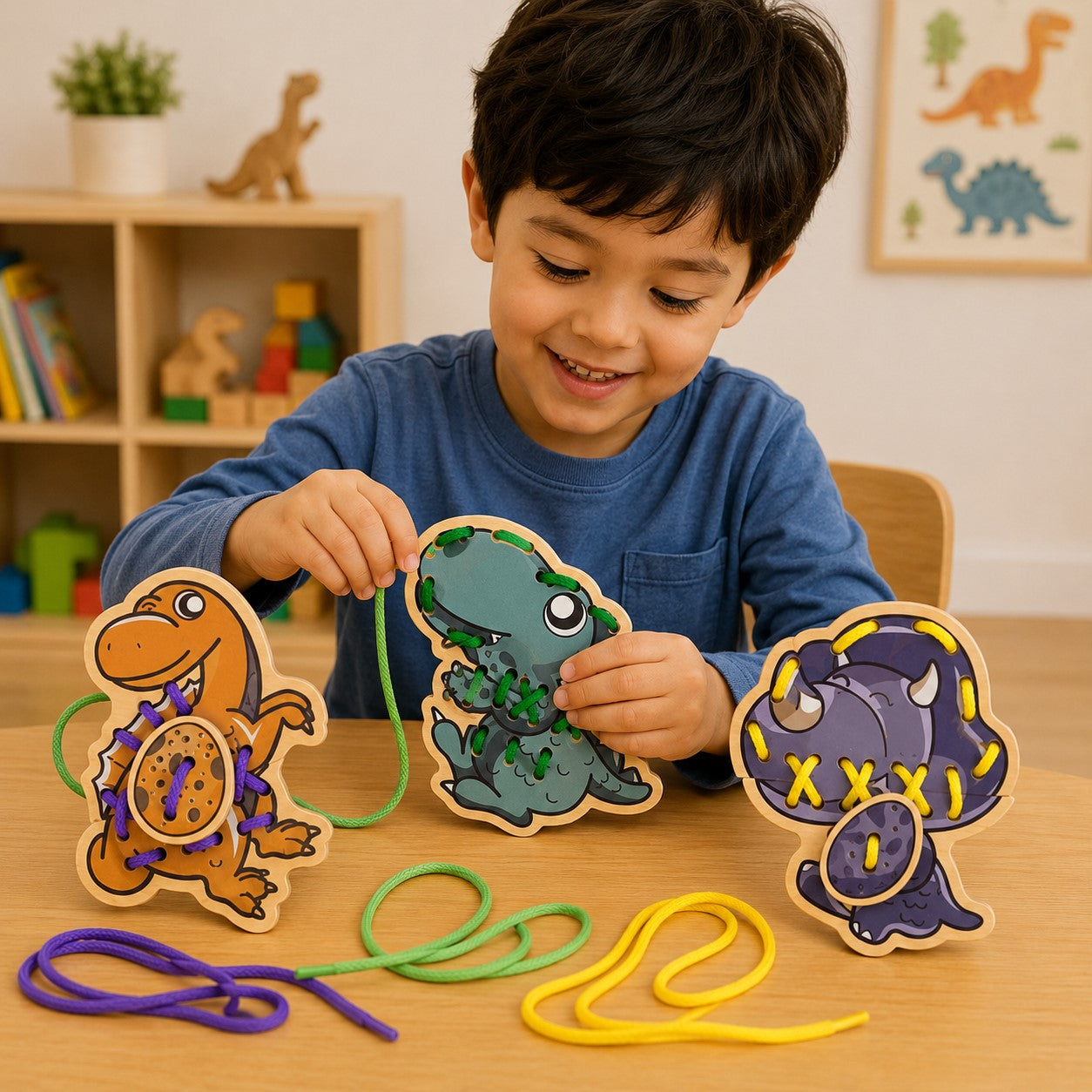 Child playing with wooden dinosaur toys on a table