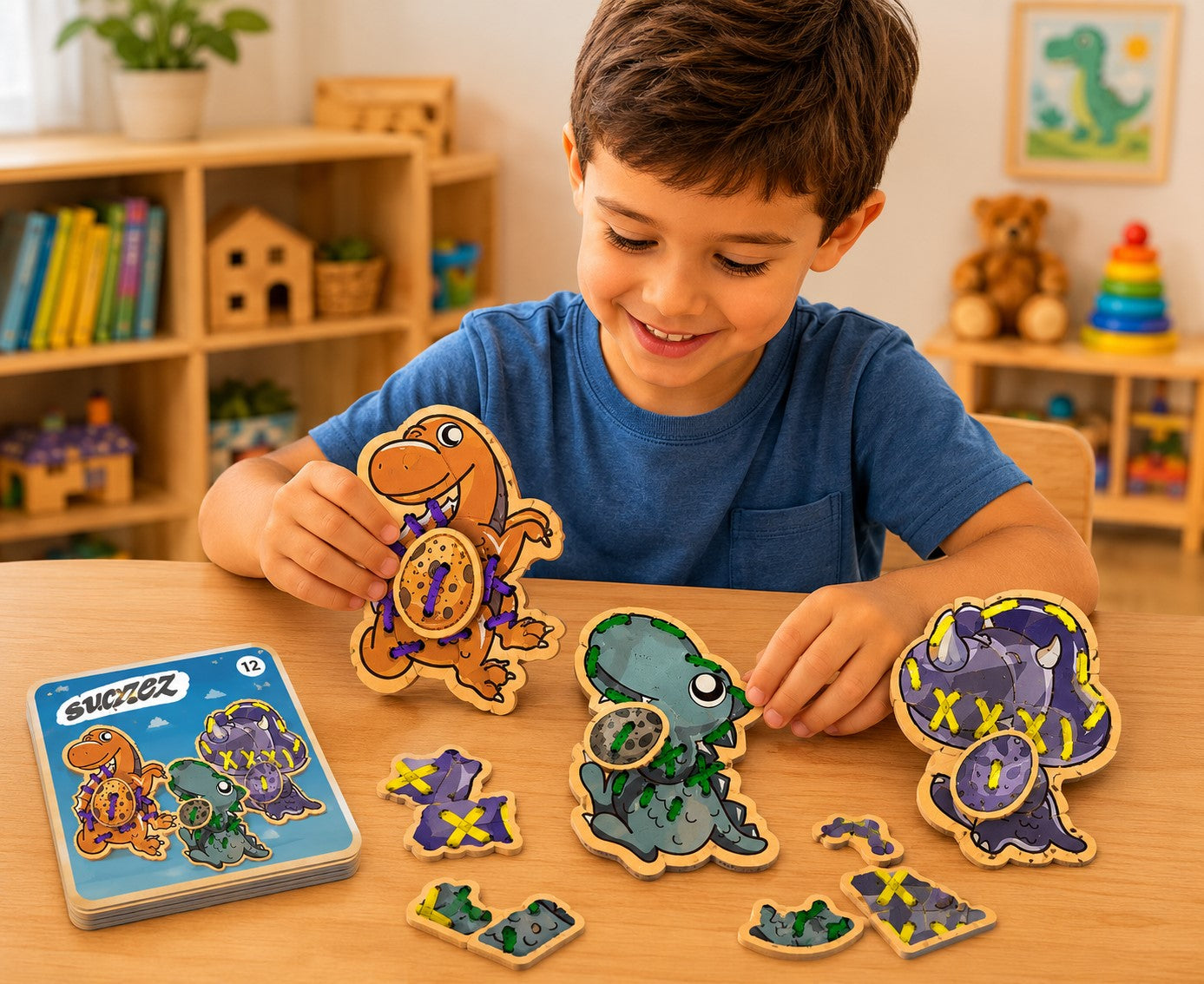 Child playing with educational dinosaur puzzle on a wooden table