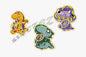 Three cartoon-style dinosaur stickers on a white background