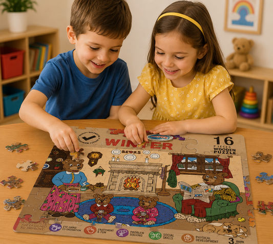 Two children playing with a wooden puzzle on a table.