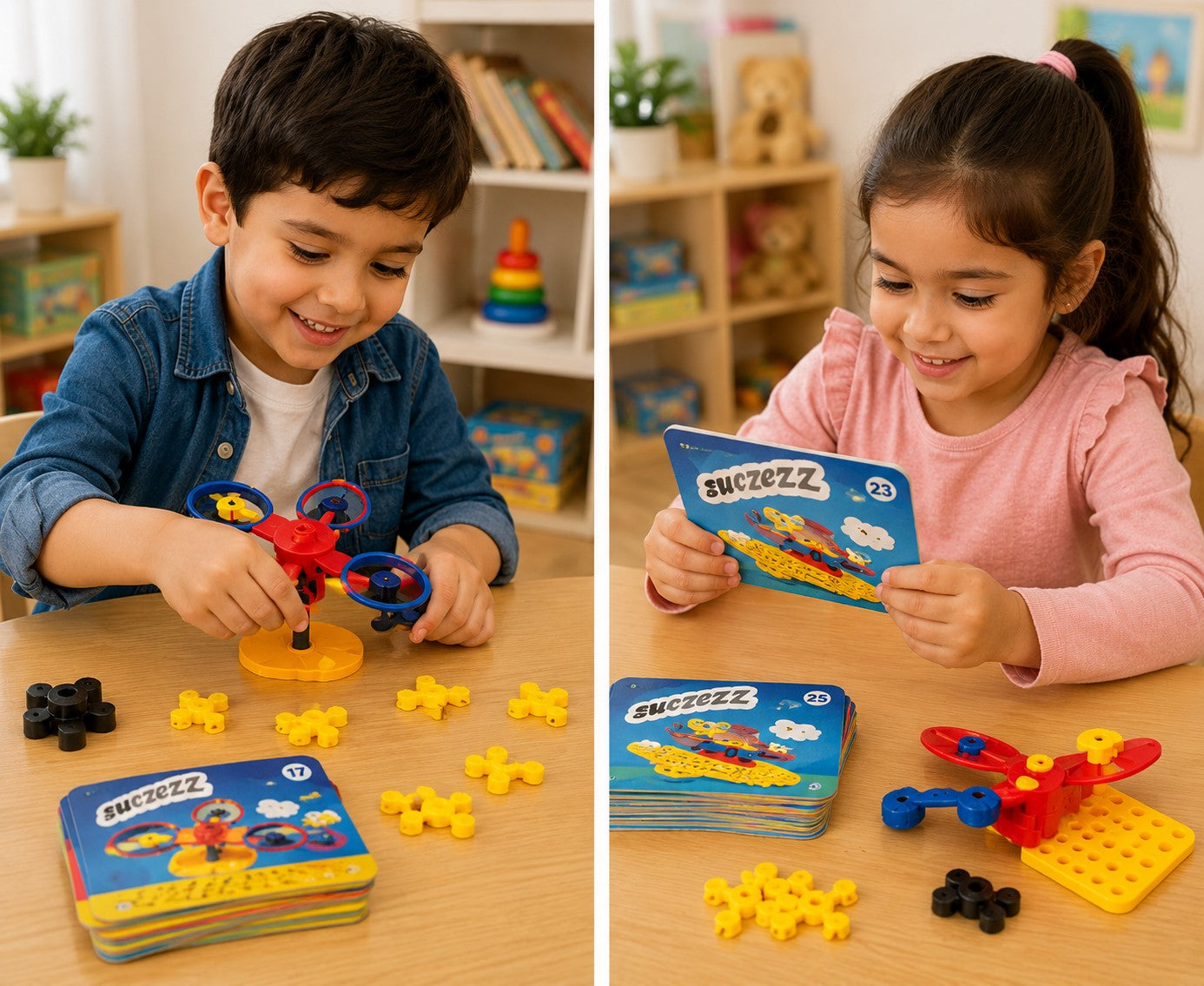 Two children playing with educational toys at a table.