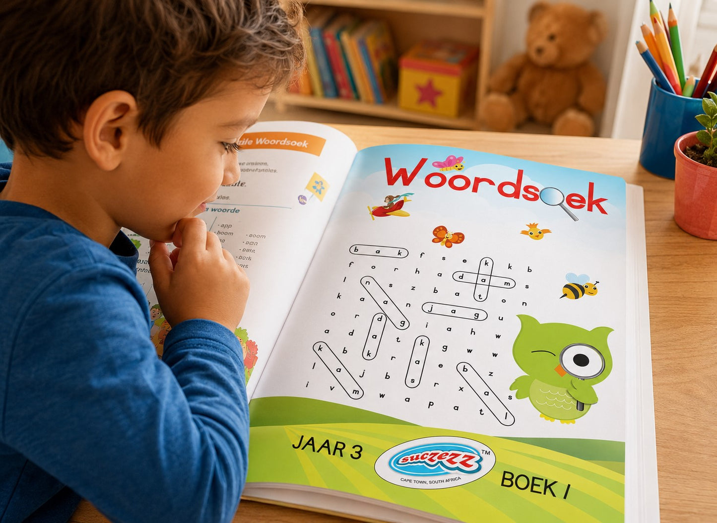 Child reading a 'Woordsoek' book with colorful illustrations on a wooden table.