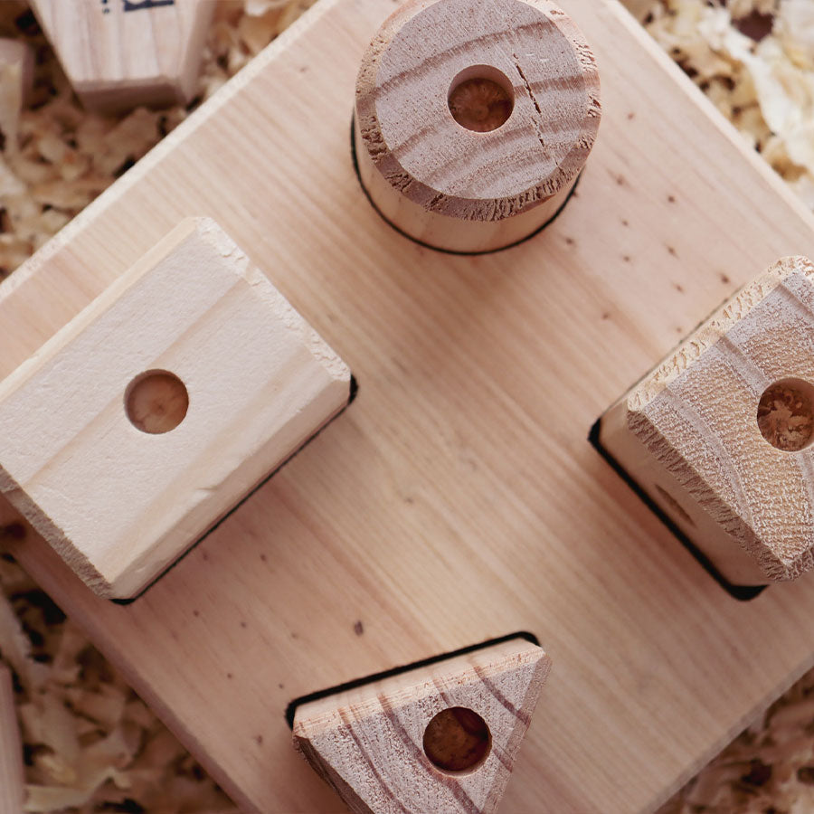 Wooden blocks with holes on a wooden surface