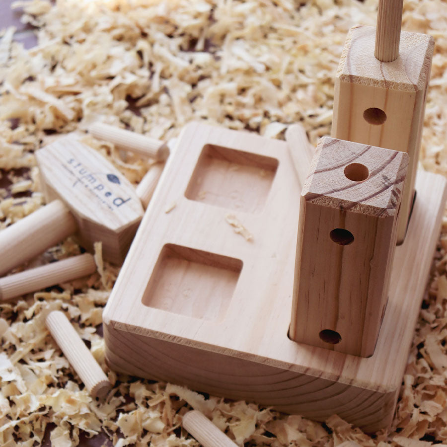 Wooden puzzle or toy on a bed of wood shavings